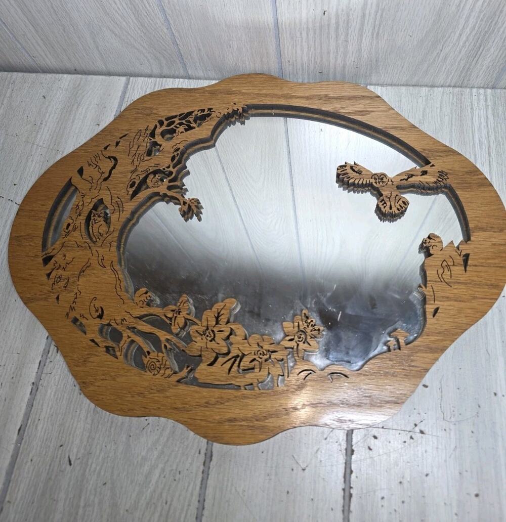 Vtg Handmade Laser Cut Wood Mirror Woodland Animals Fairy Whimsy Cottagecore